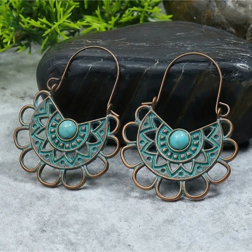 copper filigree turquoise earrings boho ethnic tribal